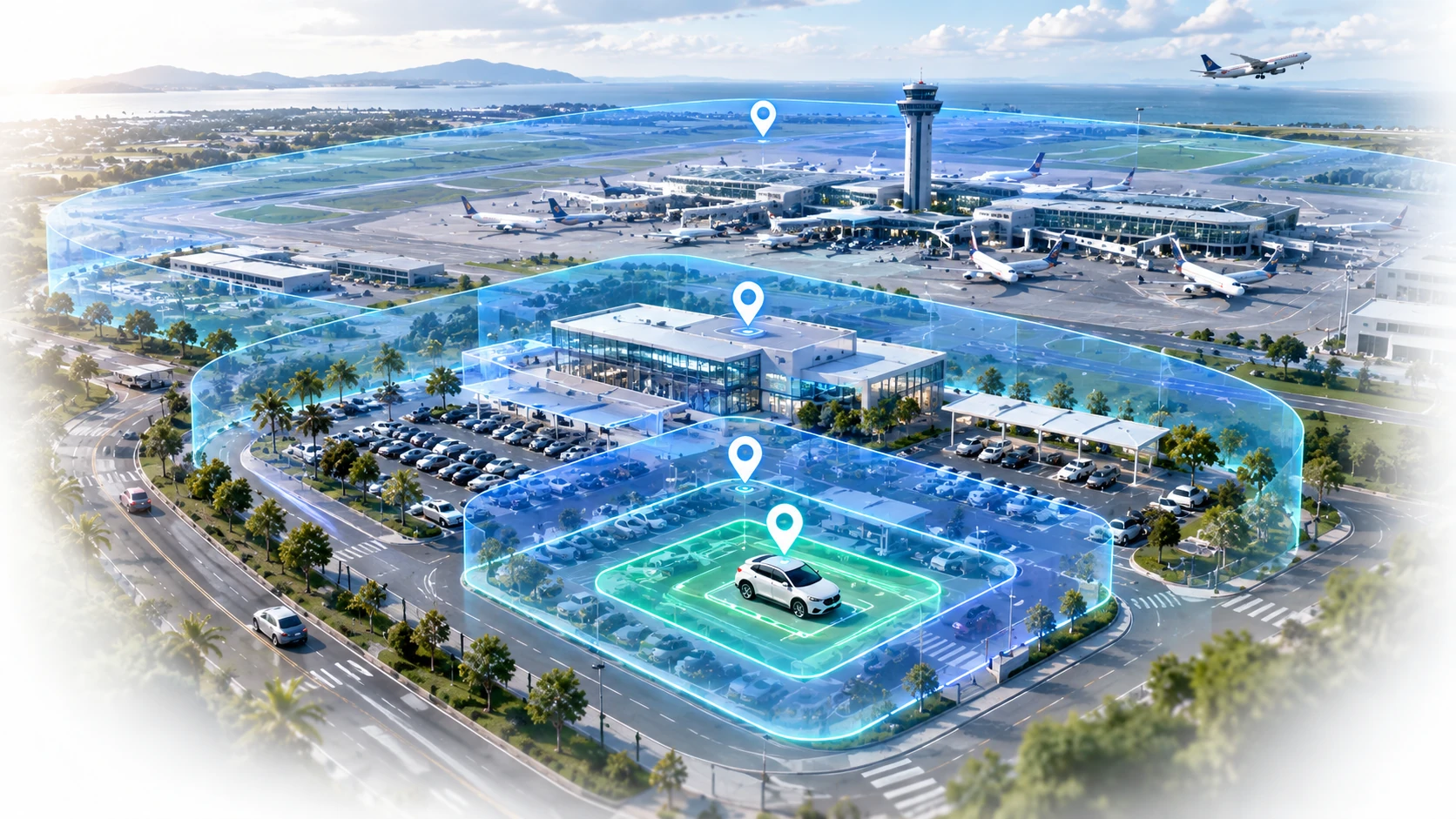 Airport rental fleet geofencing and return zones