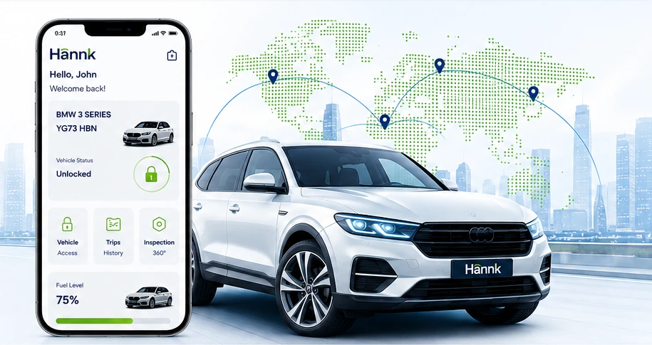 Hannk digital car-rental platform connecting a mobile app, vehicle and global fleet