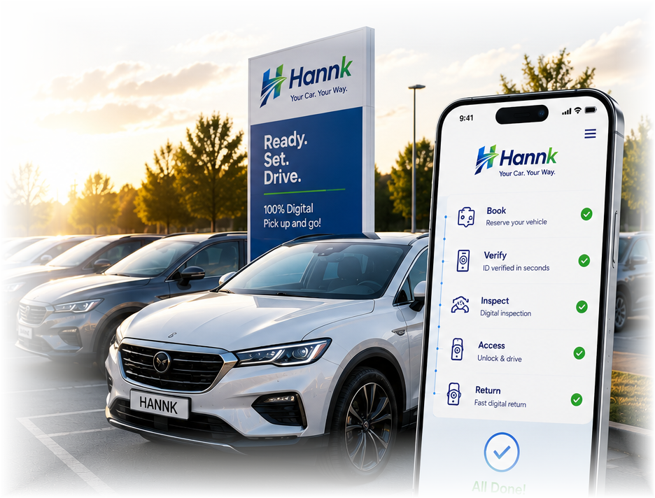 A row of Hannk rental vehicles at sunset next to a branded Hannk sign, alongside a phone showing the Hannk app's booking, verification, inspection, vehicle access and return steps, each marked complete.