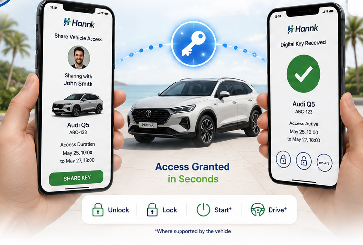 One phone sharing vehicle access, a second phone receiving the digital key, and a car unlocking as the transfer completes