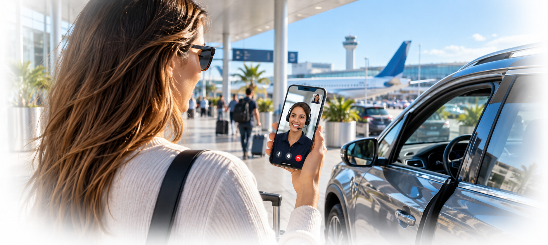 Rental customer using live video assistance beside a vehicle at an airport